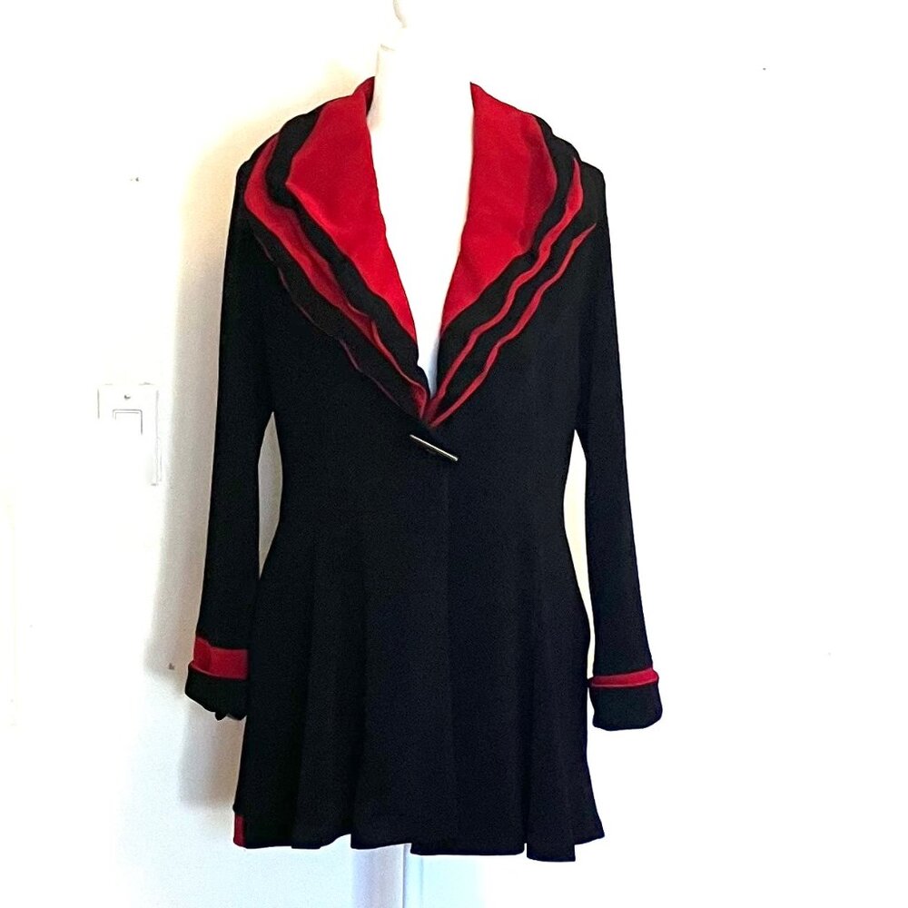 RED/BLACK Long Jacket with Layered, Stand-up Collar, Size Medium, IC Connie K